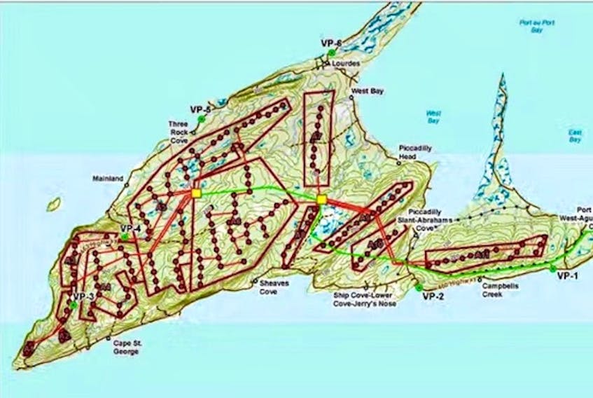 A map shows the proposed site of wind turbines on the Port au Port Peninsula. (World Energy GH2)