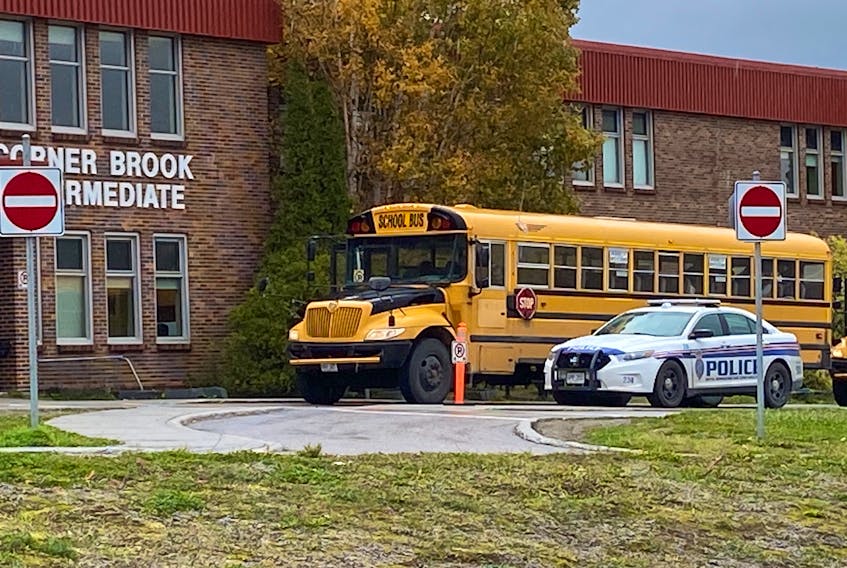 A police car is seen outside Corner Brook Intermediate in Corner Brook in this file photo from Oct. 20, 2022. - SaltWire Network file photo