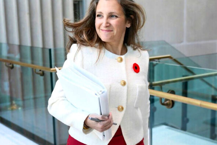 
Deputy Prime Minister and Minister of Finance Chrystia Freeland arrives for a news conference before tabling the Fall Fiscal Update in Ottawa, on Thursday, Nov. 3, 2022. 
