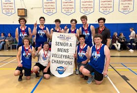 The Summerside-based École-sur-Mer Requins recently repeated as P.E.I. School Athletic Association (PEISAA) Senior A Boys Volleyball League champions. The Requins defeated the Grace Christian Knights 3-1 (28-26, 25-20, 22-25, 25-22) in the gold-medal match at École Francois-Buote. École-sur-Mer team members are, front row, from left, Lucca Gallant, Zach Arsenault, Riley Shortt and Hayden Cotton. Back row, from left, are Logan Caissie, Ciaran Matthews, Carson Crawford, Noah Farrell, Owen Jones and Austin Stewart (head coach). PEISAA • Special to The Guardian