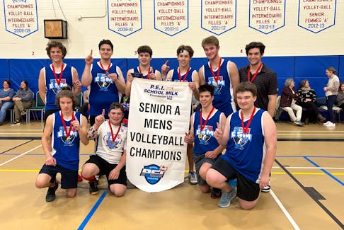 The Summerside-based École-sur-Mer Requins recently repeated as P.E.I. School Athletic Association (PEISAA) Senior A Boys Volleyball League champions. The Requins defeated the Grace Christian Knights 3-1 (28-26, 25-20, 22-25, 25-22) in the gold-medal match at École Francois-Buote. École-sur-Mer team members are, front row, from left, Lucca Gallant, Zach Arsenault, Riley Shortt and Hayden Cotton. Back row, from left, are Logan Caissie, Ciaran Matthews, Carson Crawford, Noah Farrell, Owen Jones and Austin Stewart (head coach). PEISAA • Special to The Guardian