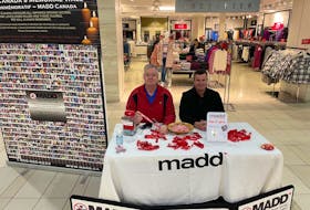 The official launch of MADD Cape Breton’s Project Red Ribbon campaign took place on Nov. 25 at the Mayflower Mall. The red ribbon is a national symbol that encourages people to drive safe and sober during the holiday season. Shown are MADD Cape Breton board members Steve Gillespie, left, and chapter president Rob Matheson. CONTRIBUTED