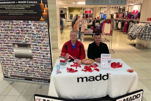 The official launch of MADD Cape Breton’s Project Red Ribbon campaign took place on Nov. 25 at the Mayflower Mall. The red ribbon is a national symbol that encourages people to drive safe and sober during the holiday season. Shown are MADD Cape Breton board members Steve Gillespie, left, and chapter president Rob Matheson. CONTRIBUTED