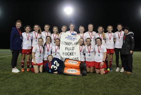 The Charlottetown Rural Raiders recently won their third P.E.I. School Athletic Association (PEISAA) Senior AAA Girls Field Hockey League championship in a row. The Raiders defeated the Colonel Gray Colonels 4-1 in the gold-medal game at UPEI recently. Members of the Raiders are Marcy Ives, front, and kneeling, from left: Paige Hancock, Kayla Batchilder, Bella Doyle, Melia Mason, Taryn MacInnis and Sadie Lund. Back row, from left, are Mackenzie Deighan (coach), Jorja Hambly, Mia Lawlor, Gwen Costello, Kailey Lutley, Brooke Walsh, Ellen Carragher, Ella MacDougall, Reegan Bolger, Molly MacNeil, Kali MacDonald, Jessie Doyle and Alexis Wood (coach). Contributed