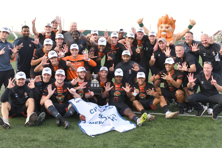 The Cape Breton Capers men’s soccer club captured its sixth straight Atlantic university conference banner following a 2-0 victory over the St. Francis Xavier X-Men in Saturday’s AUS championship final in Sydney. - VAUGHAN MERCHANT / CBU ATHLETICS 