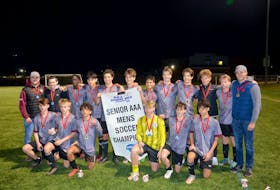 The Colonel Gray Colonels edged the Charlottetown Rural Raiders 2-1 in overtime to win the 2022 P.E.I. School Athletic Association (PEISAA) Senior AAA Boys Soccer League championship at the Terry Fox Sports Complex in Cornwall on Nov. 5. Members of the Colonels are, front row, from left, Alex MacDougall, Duncan McIntyre, Abdul Dabbit, Kole MacWilliams, Ethan Mayne and Mo Babilli. Back row, from left, Joel Doran (coach), Chris O’Halloran (coach), Jonathan Ndayagemie, Merlin Devine, Noah Killorn, Ben Hashimoto, Zakaria Sefau, Ronan Lantz, Nate MacDonald, Meik Bohl, Logan MacWilliams and Patrick Vanderzwaag (coach). Missing from the photo is Sarp Gumusoglu. Jason Simmonds • The Guardian