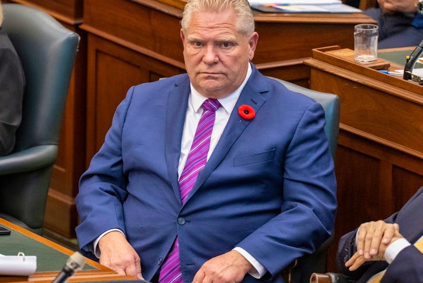 Ontario Premier Doug Ford sits in the Ontario Legislature during Question Period on Tuesday November 1, 2022, as members debate a bill meant to avert a planned strike by 55,000 education workers.