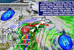 What will then be post-tropical Nicole will get pulled into a frontal trough, bringing heavy precipitation and wind to us this weekend.
