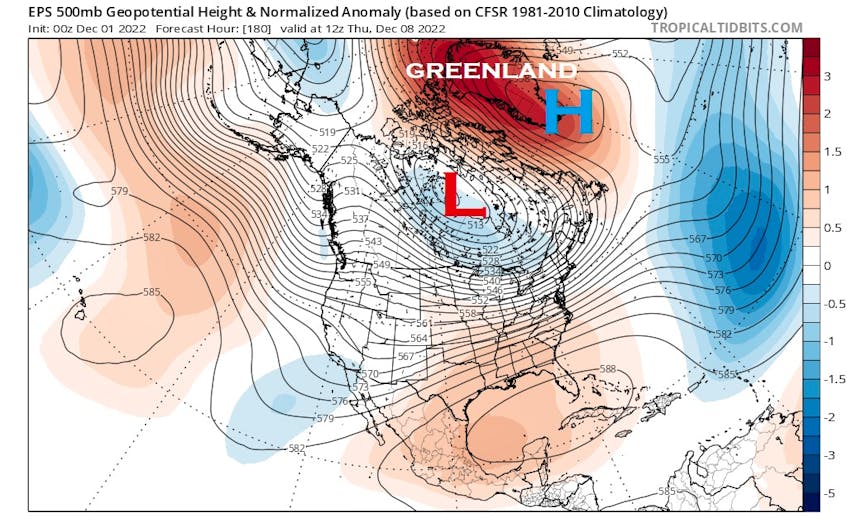 Weather model guidance is indicating a blocking high will develop near Greenland towards mid-December, which can have a major influence on weather patterns. -CONTRIBUTED/TROPICAL TIDBITS