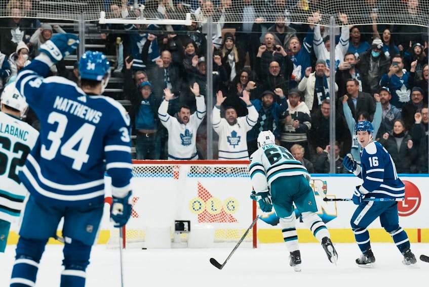 Maple Leafs' Mitchell Marner turns to celebrate after scoring his team’s third goal  against the San Jose Sharks late in the third period on Wednesday, Nov. 30, 2022.