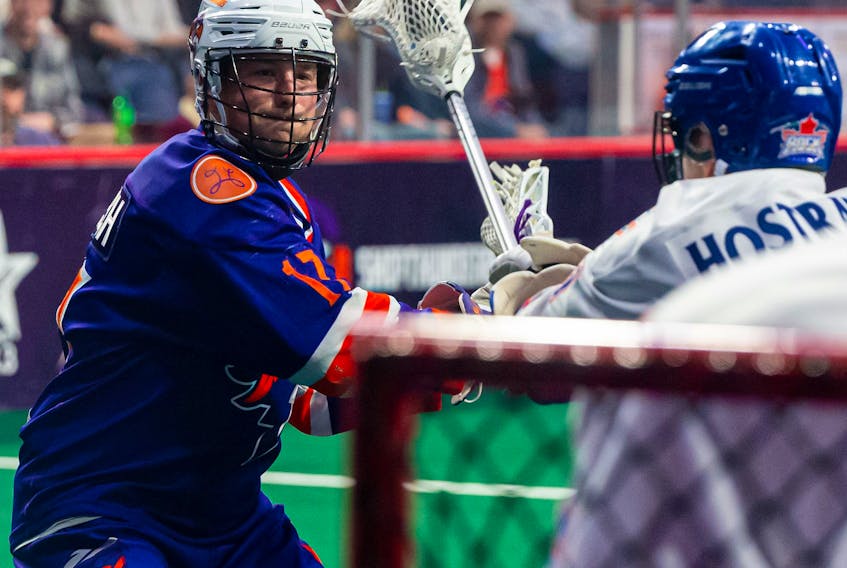 Ryan Benesch gets ready to fire a shot against the Toronto Rock in a National Lacrosse League game on Feb. 21, 2020, at Scotiabank Centre. Benesch returns to the Thunderbirds lineup when they host the Philadelphia Wings in the NLL season opener Friday night. - TREVOR MacMILLAN / HALIFAX THUNDERBIRDS