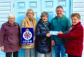 Members of the IODE Vincent Massey and the Louisbourg Ceilidh chapters made a $5,000 donation recently to Loaves and Fishes community kitchen in Sydney. Making the presentation were Gladys MacLeod, left, of the Vincent Massey chapter, Suzanne Merner, Louisbourg chapter, Mora Smith, Vincent Massy chapter, Marco Amati, executive director of Loaves and Fishes, and Margie Cameron, of the Louisbourg chapter. CONTRIBUTED PHOTO.