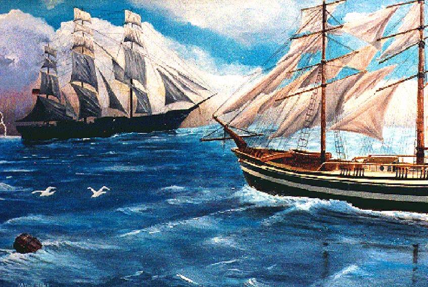The Dei Gratia approaches the Mary Celeste. CONTRIBUTED