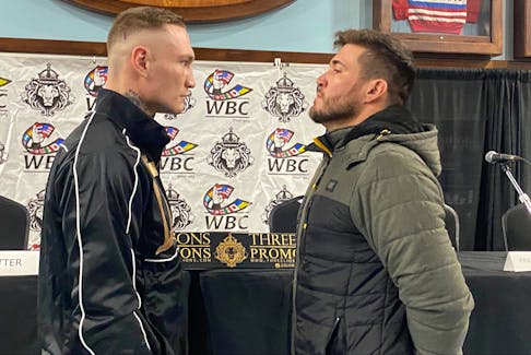 Ryan Rozicki of Sydney Forks, left, engages in a pre-fight staredown with Mario (El Ruso) Aguilar during a press conference in Sydney on Thursday. Rozicki (15-1-0, 14 KOs) will square off with the former Mexican champion and World Boxing Council title challenger who sports a record of 22-8-0, 18 KOs in the feature bout of Three Lions Promotions’ Friday Night Fights professional boxing card at Centre 200 tonight. Promoters said they were fortunate to be able to bring in Aguilar on short notice after American Allan Green withdrew after suffering a hand injury last week. The 27-year-old Rozicki is ranked ninth in the World Boxing Council’s cruiserweight division. Centre 200 general manager Paul MacDonald said tickets are available and can be purchased right up to fight time. To read the full story, see page B1. DAVID JALA/CAPE BRETON POST