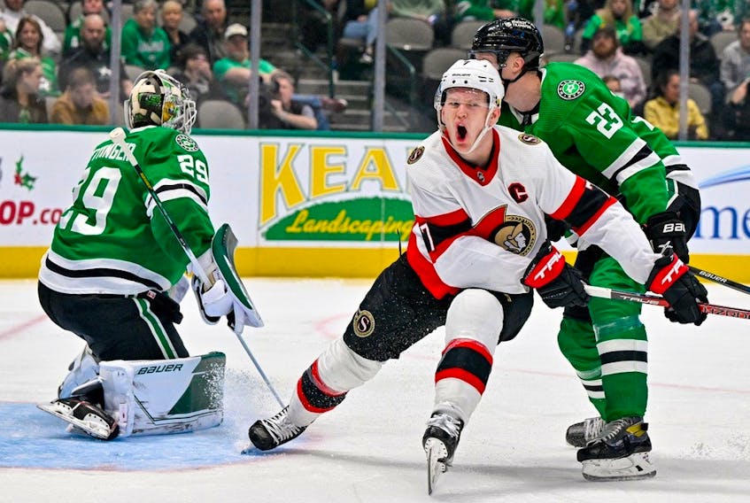 Senators left-winger Brady Tkachuk reacts to missing a scoring opportunity against Stars goaltender Jake Oettinger during the third period of play on Thursday night in Dallas.