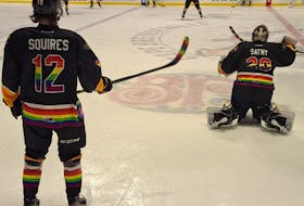 The Cape Breton Eagles sported specially designed jerseys for Saturday night's game against the Blainville-Boisbriand Armada to mark the inaugural Pride night at Centre 200. CONTRIBUTED/TWITTER