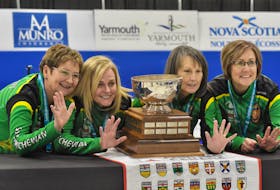 Team Saskatchewan won its fifth consecutive national seniors’ championship title at the 2022 Everest Canadian Seniors Championships in Yarmouth. Team members include skip Sherry Anderson, third Patty Hersikorn, second Brenda Goertzen and lead Anita Silvernagle. TINA COMEAU PHOTO