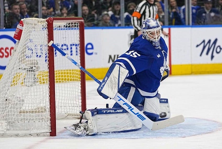 Toronto Maple Leafs goaltender Ilya Samsonov makes a save against the Los Angeles Kings during the second period at Scotiabank Arena. 