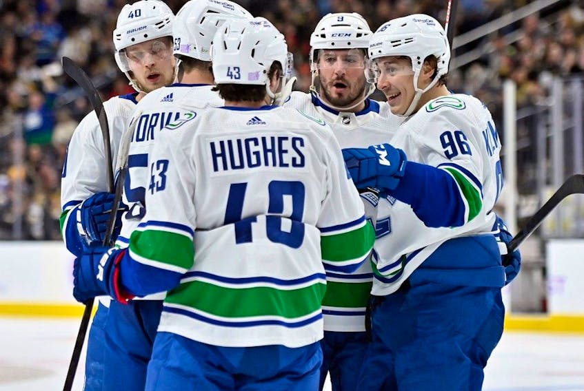 Cause for celebration: The last time the Canucks won in a 60-minute, regulation-time fashion was back on Nov. 26, when Andrei Kuzmenko (right) got to flash his pearly whites in a 5-1 win over the host Vegas Golden Knights.
