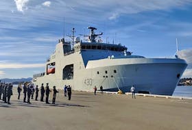 HMCS Harry DeWolf docks in Victoria, B.C., on Oct. 4, 2021.