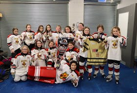 The North River Chihuahuas defeated the Alberton Regals 6-5 in overtime in the championship game of the 2022 Centennial Auto Group female under-11 A minor hockey tournament at Credit Union Place in Summerside recently. Members of the North River team are Miley Tierney, in front, and kneeling, from left, Scarlett Sanderson, Bria Aiken, Malia Currie and Kiara Coade. Back row, from left, are Addison Whalen, Allison Evans, Gabby Harrison, Mackenzie Harrison, Aria McCarville, Ellie Doucette, Jazmin Marshall, Gemma Kirkpatrick, Darcey Cummings and Willow Kirkpatrick. Missing from the photo are head coach Jeremy Balderston, assistant coach Jamie Cummings and trainer Randy Kirkpatrick. Contributed