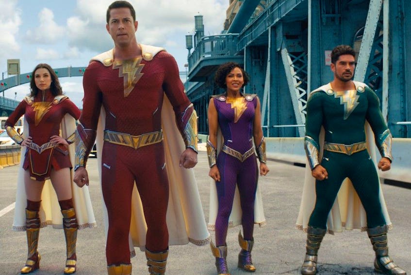  From left, Grace Caroline Currey as Super Hero Mary, Zachary Levi as Shazam, Meagan Good as Super Hero Darla and D.J. Cotrona as Super Hero Pedro in Shazam! Fury of the Gods.