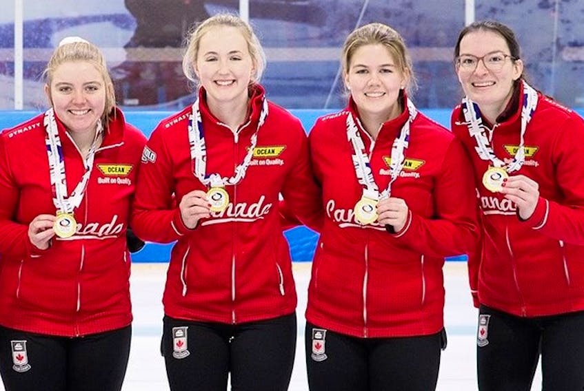 Emily Deschenes and her Canadian rink of Lauren Ferguson, Alison Umlah and Cate Fitzgerald captured gold at the world junior women’s curling qualifier in Lohja, Finland, on Monday. - CURLING CANADA