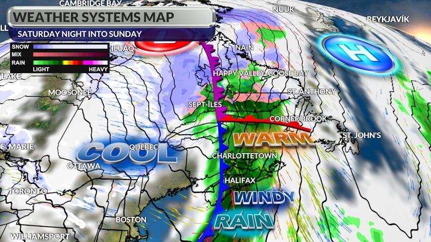 Another frontal boundary will push a round of rain and wind eastward across Atlantic Canada later this weekend.