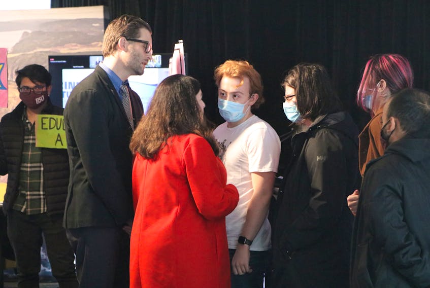 Memorial University President Vianne Timmons speaks with student protestors Friday who showed up during an event at the university's Signal Hill campus. Glen Whiffen/SaltWire Network