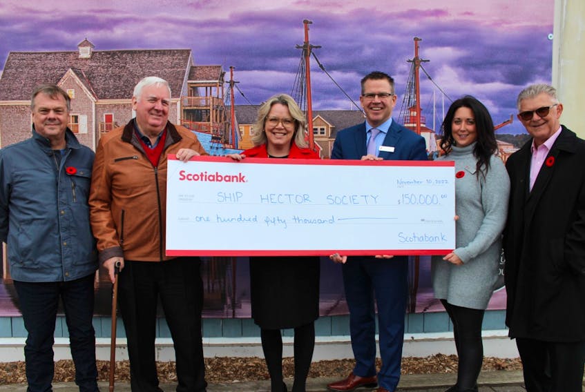 Scotiabank recently made a donation to the Ship Hector restoration efforts. From left are: Ralph Heighton, Hector Society board treasurer and Charting our Course fundraising community liaison; John Oliver,  co-chair Charting our Course fundraising cabinet; Nicola Ray Smith, Scotiabank senior vice president, Atlantic;  Peter Fitzner, Scotiabank district vice president, Northeast Nova Scotia. Trish Fraser, Scotiabank Pictou branch manager;Gerry Pettipas,  Hector Society vice chair and Charting our Course fundraising cabinet board liaison.