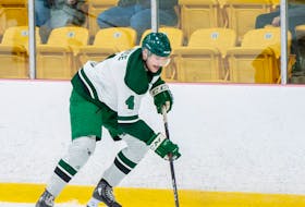 Robert-Tye (RT) Rice carries the puck for the UPEI Panthers during an AUS Men’s Hockey Conference game against the Moncton Blue Eagles at MacLauchlan Arena on Nov. 30. Rice’s play on the blue-line drew praise from head coach Forbie MacPherson following UPEI’s 4-1 win. UPEI hosts the first-place UNB Reds on Dec. 3 at 7 p.m. Janessa Hogan, UPEI Athletics • Special to The Guardian
