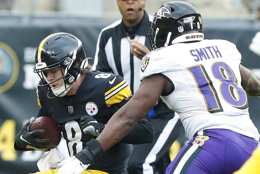 Pittsburgh Steelers quarterback Kenny Pickett is sacked by  Baltimore Ravens linebacker Roquan Smith during the first quarter at Acrisure Stadium. Baltimore won 16-14.  