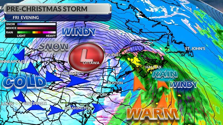 Intensifying low-pressure will bring stormy weather from Ontario right through Atlantic Canada ahead of Christmas.