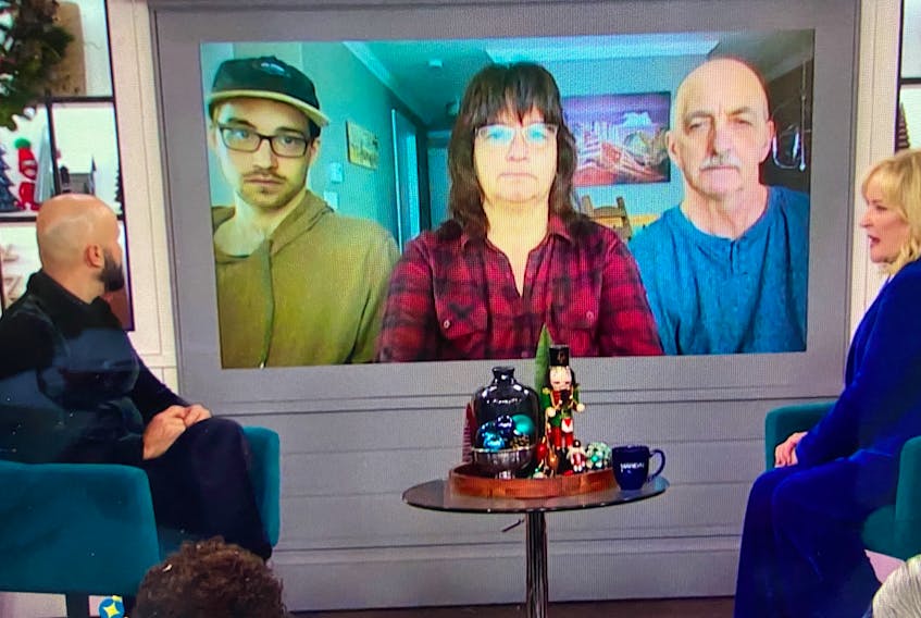 The Savery family from Port aux Basques, from left, Josh, Peggy and Lloyd, appeared via video on the Dec. 21 episode of The Marilyn Denis Show. During the show, host Marilyn Denis, gifted them with over $20,000 in items given away during the show’s 10 days of giveaways. – Image taken from video