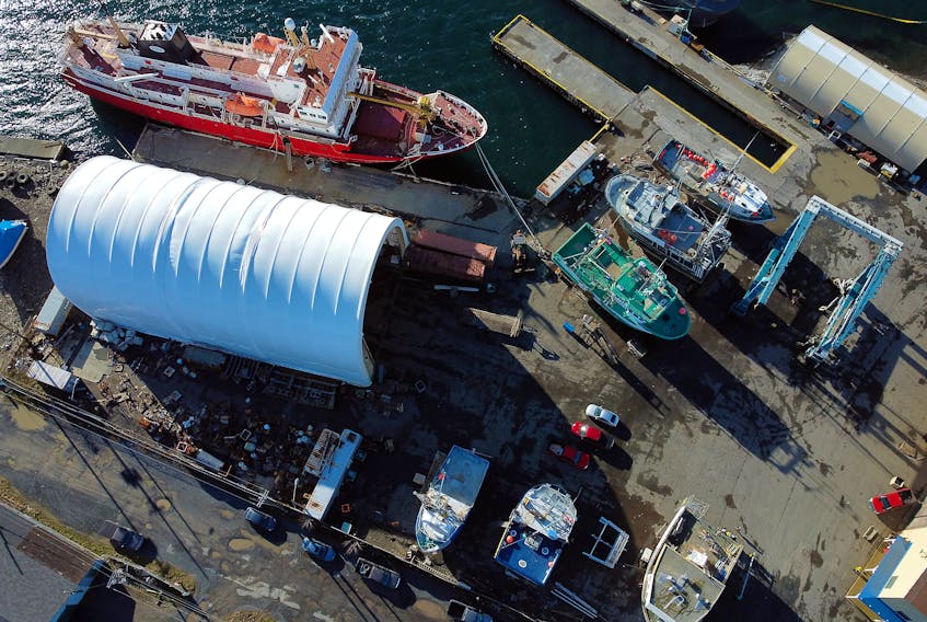 An aerial view of the shipyard at Harbour Grace Ocean Enterprises.

Keith Gosse/The Telegram