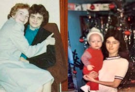 At left, Arlene Lush (left) with Ruth Lush, whom she believed until recently was her biological mother. At right is Caroline Weir-Greene as a child with Toots Budgell, the woman she grew up knowing as her mother. Lush and Weir-Greene were switched at birth at the Springdale Cottage Hospital in 1969.