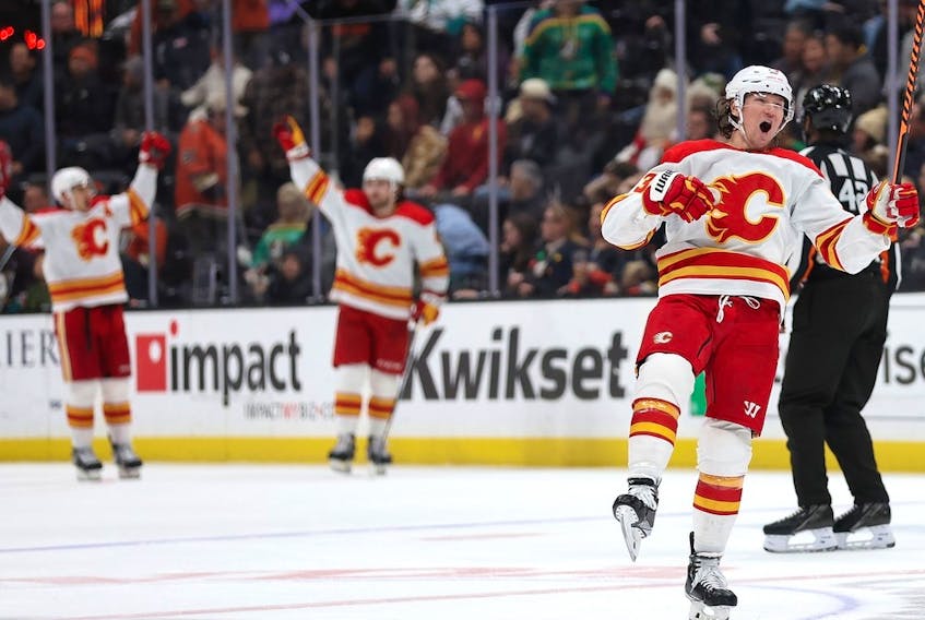 ANAHEIM, CALIFORNIA - DECEMBER 23: Tyler Toffoli #73 of the Calgary Flames reacts after defeating the Anaheim Ducks 3-2 in overtime of a game at Honda Center on December 23, 2022 in Anaheim, California.
