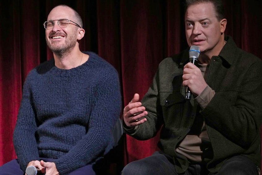  Director Darren Aronofsky and star Brendan Fraser at a New York screening of The Whale, Dec. 1, 2022.  Bennett Raglin / Getty Images for The Academy of Motion Picture Arts & Sciences