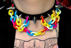 One of the most popular items that Channing Burchell makes are her custom chokers. These are made out of scrap materials found at thrift stores.