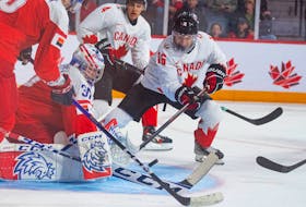 Canada's Connor Bedard tries to tip in a shot as Czechia goalie Tomas Suchanek makes a save during Monday night's World Junior Championships game in Halifax on Dec. 26, 2022. Czechia beat Canada 5-2.
Ryan Taplin - The Chronicle Herald