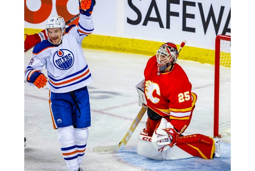 Calgary Flames goaltender Jacob Markström reacts after giving up a goal to the Edmonton Oilers during NHL hockey at the Scotiabank Saddledome in Calgary on Tuesday, December 27, 2022. AL CHAREST/POSTMEDIA