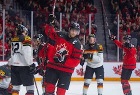 Team Canada captain Shane Wright celebrates a first-period goal during a World Junior Championships game in Halifax on Wednesday, Dec. 28, 2022.
Ryan Taplin - The Chronicle Herald