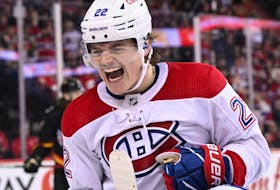 Montreal Canadiens forward Cole Caufield celebrates his goal against the Calgary Flames during the third period at the Scotiabank Saddledome in Calgary on Dec. 1, 2022.