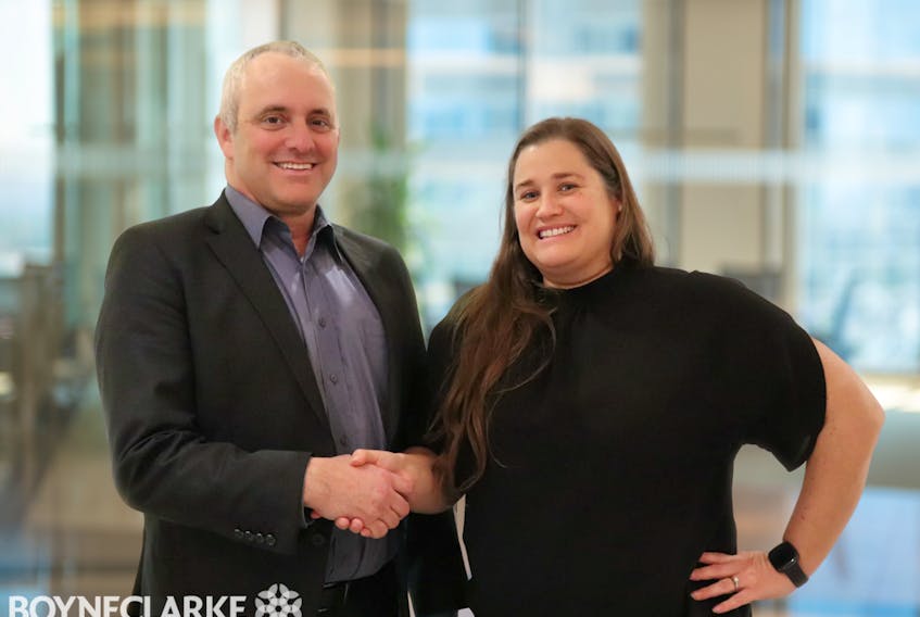 Lauren M. Randall (right) becomes BOYNECLARKE LLP’s first female CEO and Managing Partner, as James D. MacNeil (left) steps down after 12 years of leadership.  PHOTO CREDIT: BOYNECLARKE LLP.