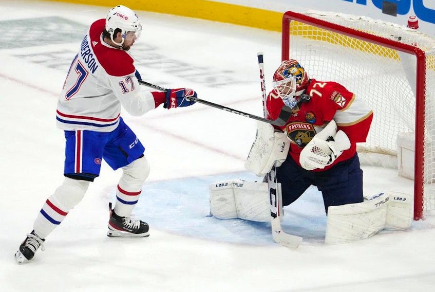 Florida Panthers goaltender Sergei Bobrovsky (72) blocks the shot of Montreal Canadiens right wing Josh Anderson (17) during the first period at FLA Live Arena in Sunrise, Fla., on Dec. 29, 2022.
