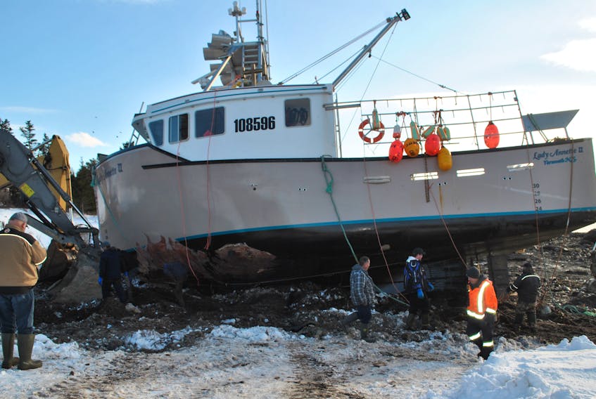 The fishing vessel Lady Annette II was extensively damaged during a severe winter storm that blew through the region on the Jan. 29, 2022, weekend. The boat broke its lines on Jan. 30, beating into the rocks and sinking up to top of the wheelhouse. The vessel was a write-off. Peak winds of 132 km/h were recorded on Brier Island on Jan. 29 by Environment Canada, and 100 km/h on Jan. 30. Winds in excess of 100 km/h were recorded at the Baccaro Point weather station Shelburne County both days as well.