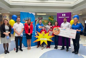 Jennifer Swan, Manager of Women’s Health, left, Matthew MacDonald, RN, Caitlyn MacDonald, Manager of Philanthropy, Mike, Aubriegh, Nicole; Emmy, front left, and Lauchie MacArthur of Caleb’s family, Troy Wilson of Tim Hortons, Karen Hatcher of Tim Hortons holding the cheque for Caleb's Courage. Contributed