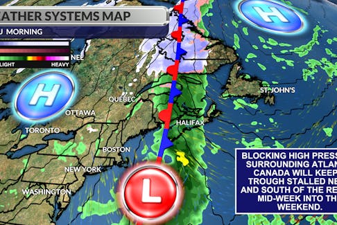 Blocking high-pressure surrounding Atlantic Canada will keep a stalled trough over much of the region mid-to-late week.