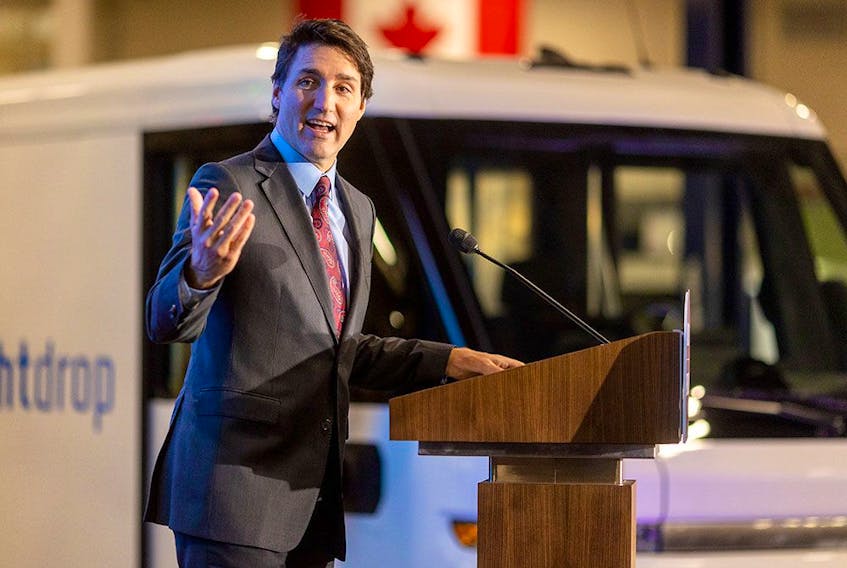 Prime Minister Justin Trudeau speaks at the Ingersoll plant making Brightdrop electric vans.
