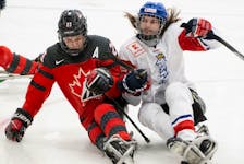 St. John;'s native Liam Hickey and the Canadian men’s para hockey team, shown here in game action from earlier in the tournament, were forced to settle for silver at the 2022 Para Hockey Cup after they fell 5-1 to the United States in the final held Dec. 3 in Bridgewater, N.S. Hockey Canada/Twitter